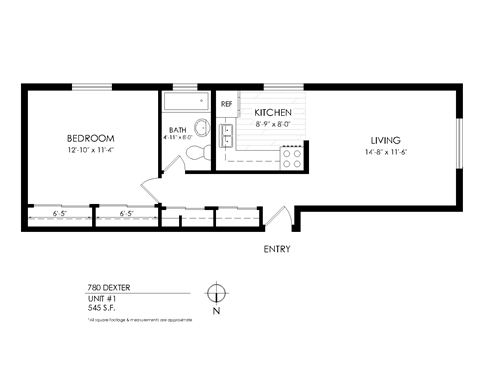 Floor plan for 1 bed, 1 bath, 550 sqft